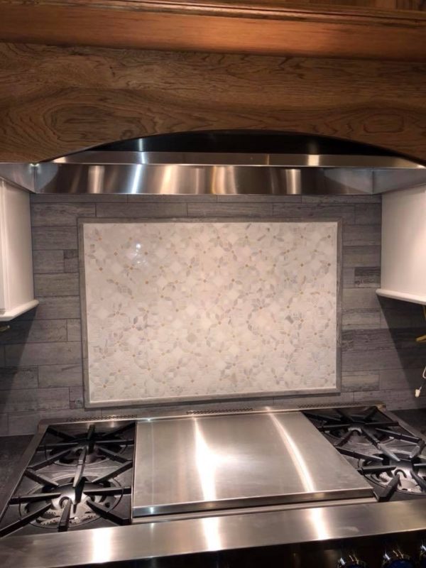 Jasmine Mosaic with Blue Stratta Limestone Subway