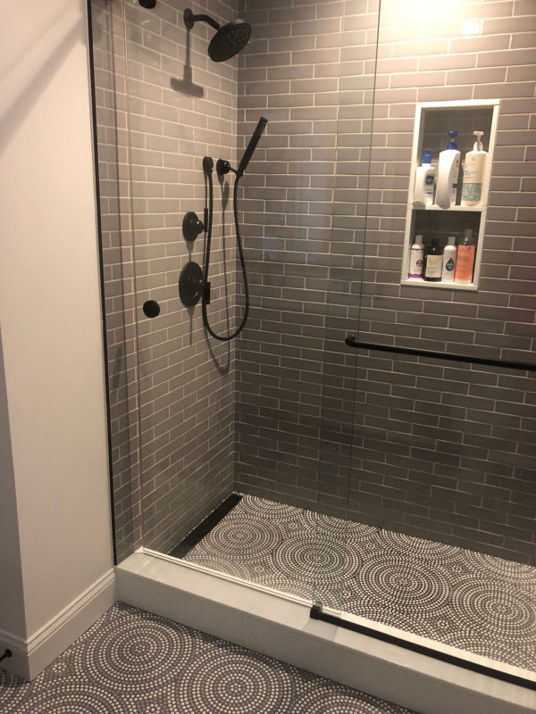 Shower Stall with Gray Gloss Subway and Glass Mosaic Floor Tile