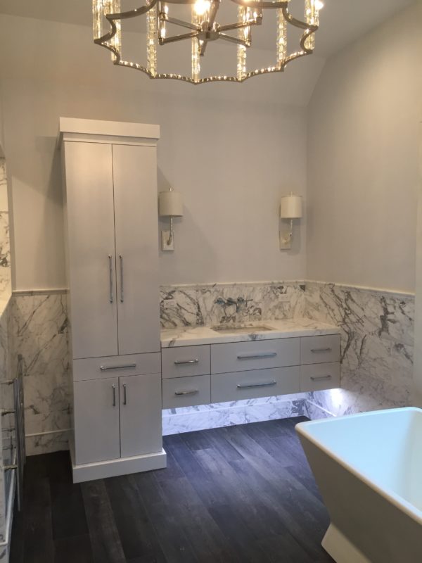 Statuary Marble Wall Tile with Black Wood Porcelain Planking